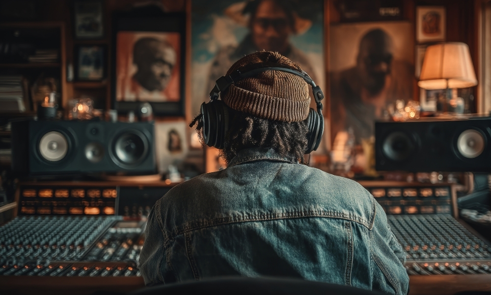 Audio engineer mixing a radio spot