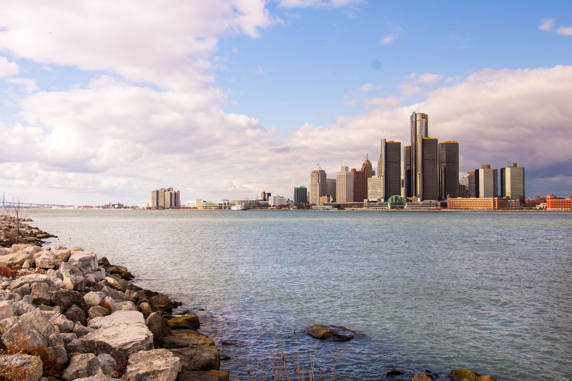 Detroit riverfront skyline across the water